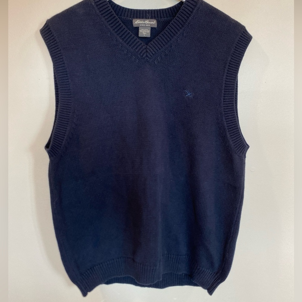 Eddie Bauer Sweater Vest Mens Large Tall Navy Blue V Neck 100% Cotton Knit